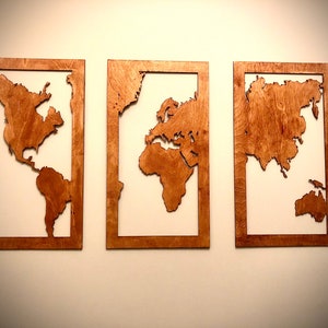 Weltkarte Holzwandkunst, 3-Panel in verschiedenen Größen und Ausführungen, Dekor Wandkunst Original erhältlich