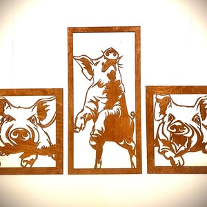 Cute dancing pig wood wall art, 3 panel in natural or 11 other finishes, decor wall art original