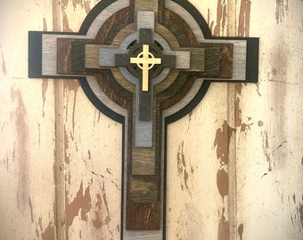 Stacked Round Wood Celtic Cross 3D table art, wall art, cross home decor, multi-color, available in multiple sizes.  Great Christian gift.