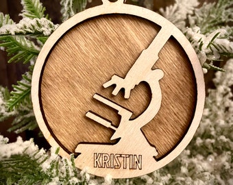 Lab technician scientist microscope 2 layer personalized laser cut wood Christmas ornament, gift tag available unfinished or stained.