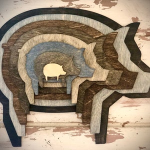 Stacked Pig wood 3D table art / wall art, multi-color.  Collect pigs.  Pig collection.