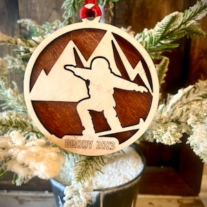 Snowboarding snowboard snowboarder 2-layer personalized laser cut wood Christmas ornament, gift tag available unfinished or stained #1 of 5