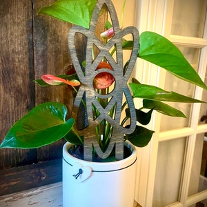 May include: A white ceramic planter with a black rim and a heart-shaped wooden tag. A green plant with pink flowers is growing in the planter. A wooden sign with the word "Mom" is placed in the soil.