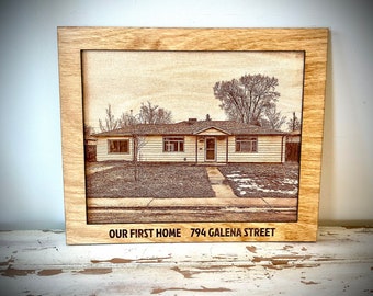 Realtor closing gift-Home photo engraved on wood with easel 8X10