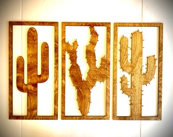 Saguaro Cactus wall art panels, 3 piece set, available in multiple sizes and finishes