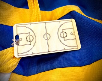 Basketball court shaped bag tag or luggage tag; Basketball court on one side, personalized on reverse, basketball senior night