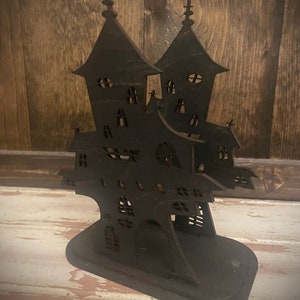 Halloween spooky haunted house wooden napkin holder  and tabletop decor available in 12 finishes  Great 3D effect.