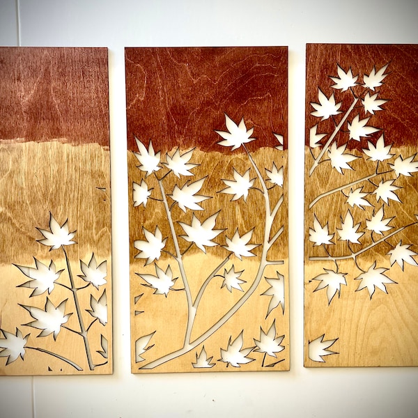 Maple Tree wall art, 3 panel set in ombre' / tri-color stain, or 12 other finishes, decor wall art original