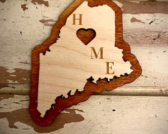 Maine HOME 2-layer state outline laser cut wood magnet available unfinished or 11 other finish choices
