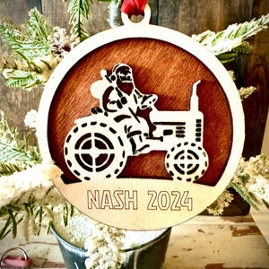 Santa Claus riding tractor farmer farming 2-layer personalized laser cut wood Christmas ornament, gift tag available unfinished or stained