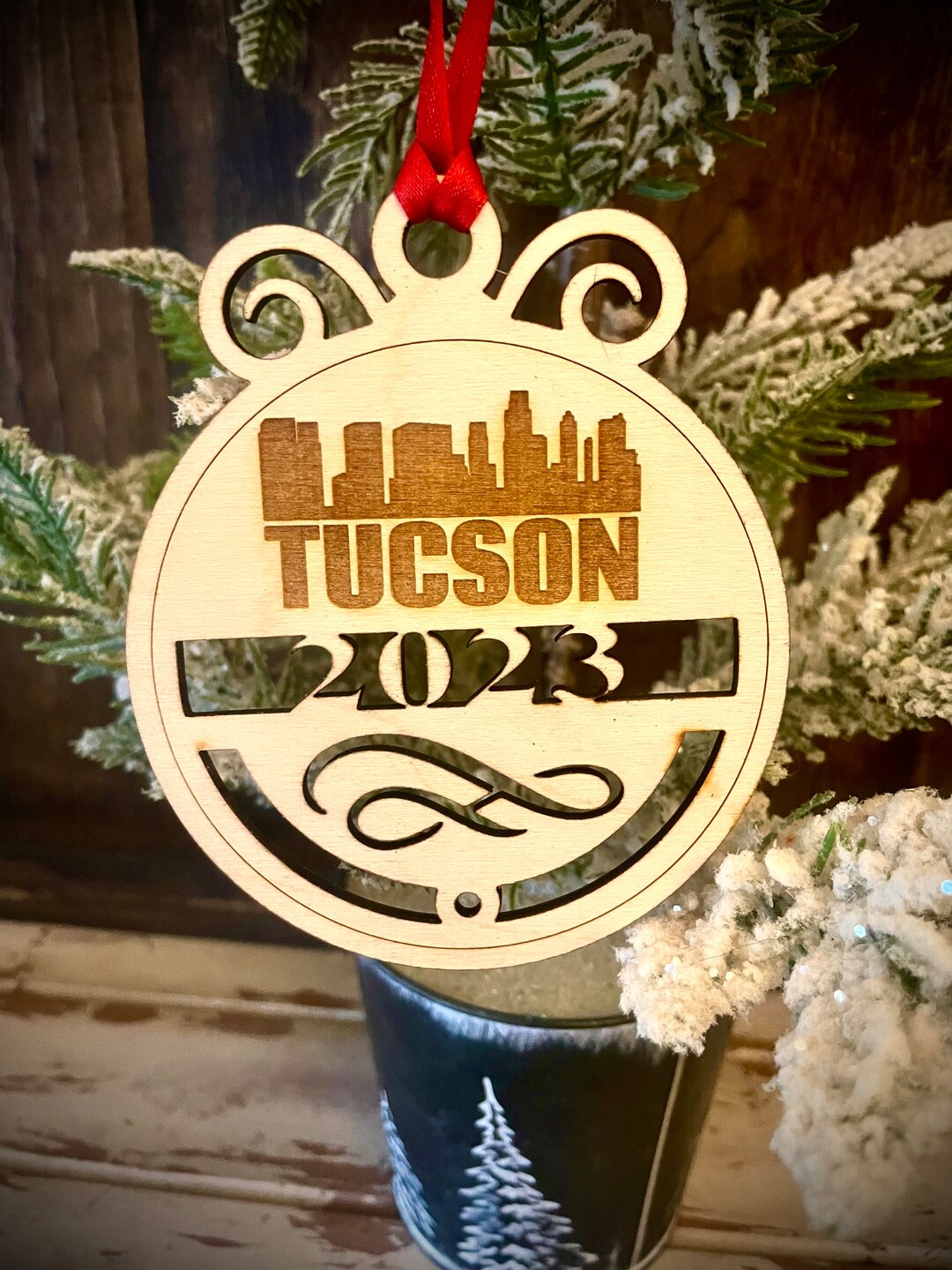 Ornament Tucson Skyline Cityscape. 4 X 4.75 Wood Ornament With Choice