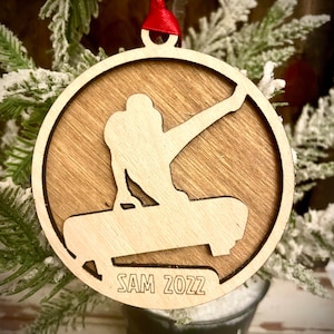 Gymnastics male 2-layer personalized laser cut wood Christmas ornament, gift tag available unfinished or stained (version 15 of 20).