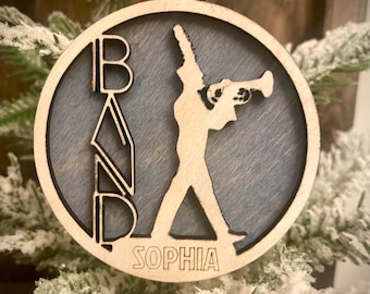 Marching band baritone player 2-layer personalized laser cut wood Christmas ornament, gift tag available unfinished or stained.