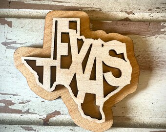 Texas word art 2-layer laser cut wood magnet available unfinished or 11 other finish choices