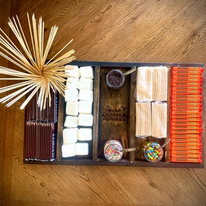 S&#39;mores boards / trays with engraving, partitioned sections for graham crackers, chocolate, marshmallows great for camping or camp fires