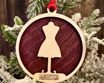 Seamstress Fashion Design Sewing 2-layer personalized laser cut wood Christmas ornament, gift tag available unfinished or stained.