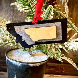 Montana 3-layer stacked state ornament laser cut wood ornament, Montana gift tag available in brown tones or gray tones.