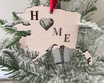 Alaska HOME ornament laser cut wood ornament, Alaska gift tag available unfinished or 11 other finish choices