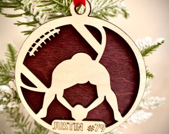 Personalized Football Ornament or gift tag, Engraved Wooden Sports ornament, Football 2 layer Christmas Ornament (version 11 of 16)