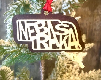 Nebraska word art 2-layer wood ornament or gift tag