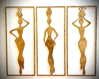 African women wood wall art, 3 panel set in multiple finishes