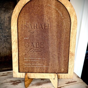 Wedding invitation memento, keepsake engraved on wood with frame and easel 8x10. Custom wedding gift. 5th anniversary gift of wood image 10