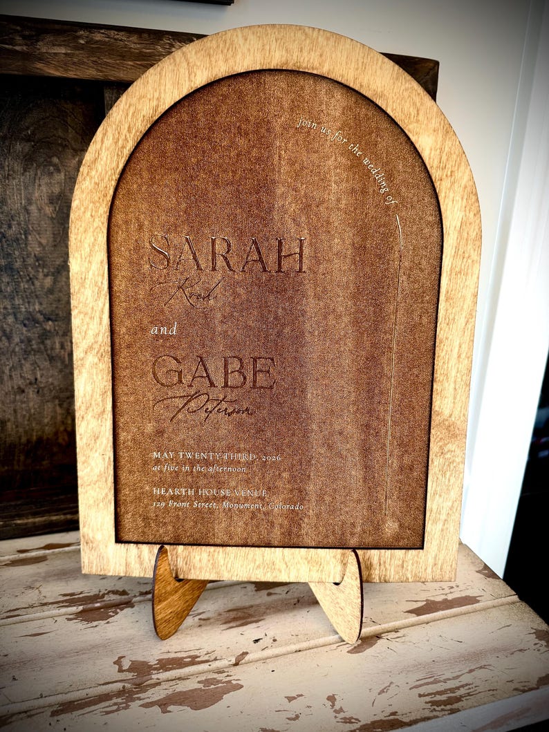 Wedding invitation memento, keepsake engraved on wood with frame and easel 8x10. Custom wedding gift. 5th anniversary gift of wood image 10