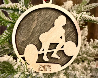 Female weightlifting weightlifter 2-layer personalized laser cut wood Christmas ornament, gift tag available unfinished or stained
