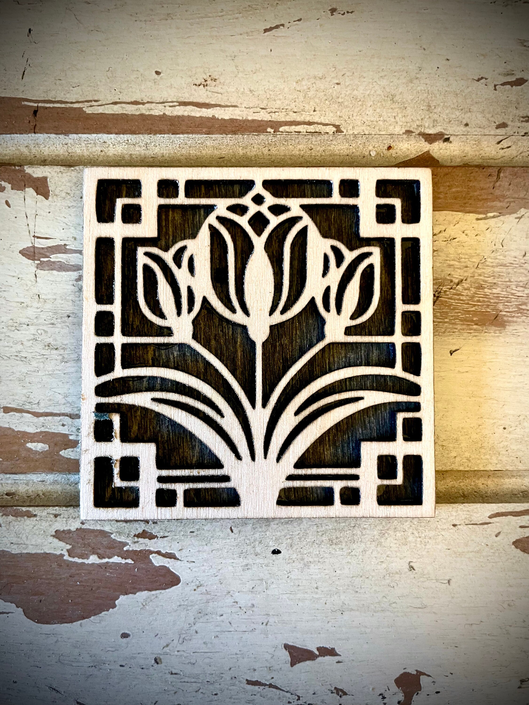 Boho Art Deco Tulip 2-layer Square Wood Magnet & Wall Art | 12