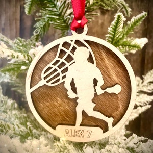 Lacrosse player 2-layer personalized laser cut wood Christmas ornament, gift tag available unfinished or stained (version 14 of 16)