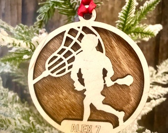 Lacrosse player 2-layer personalized laser cut wood Christmas ornament, gift tag available unfinished or stained (version 14 of 16)