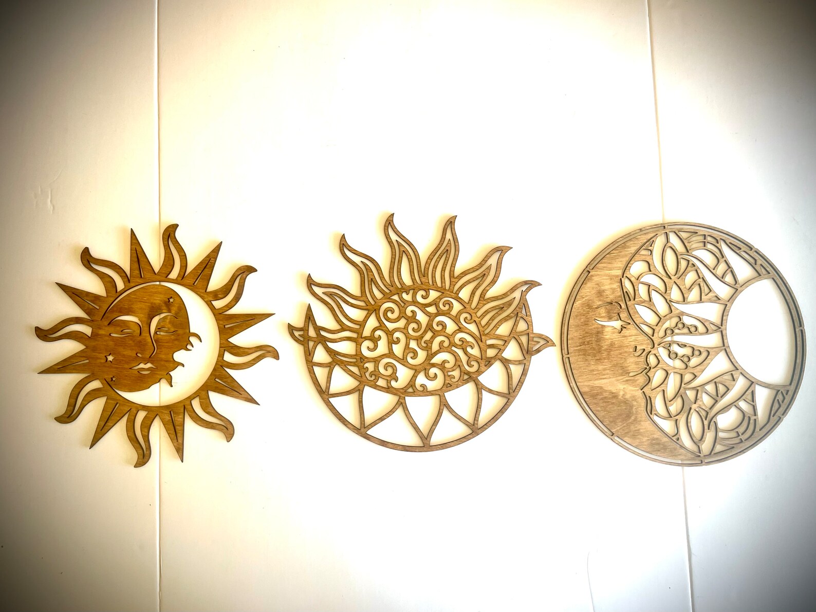Boho Sun and Moon Trio Wall Art, 3 Panel Flowers in Choice of 12 Stains ...