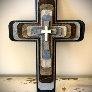 Stacked Wooden Cross 3D table art,  wall art, multi-color, available in multiple sizes.  Great Christian gift.