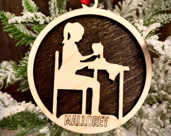 Seamstress Fashion Design Sewing 2-layer personalized laser cut wood Christmas ornament, gift tag available unfinished or stained.