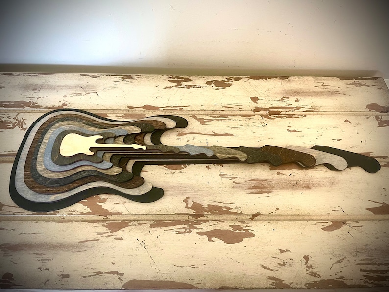 Stacked Electric Guitar 3D table art, Full Body, neck, & headstock wall art, multi-color. Great for rock music fans. image 2