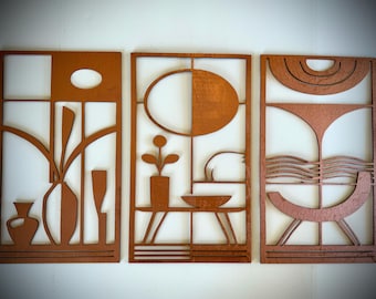 Mid Century Modern Wood Wall Art | 3-Panel Set | Multiple Sizes & Finishes | Style K