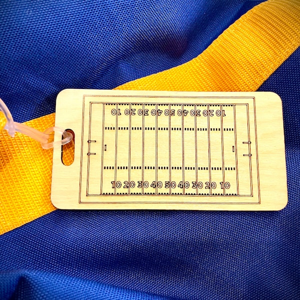 Football Field shaped bag tag or luggage tag; Football Field on one side, personalized on reverse