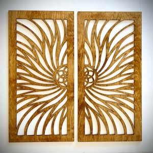 Boho star fire spiral flower wood wall art, 2 panel in multiple sizes and finishes, decor wall art original