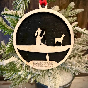 Female kayaking with dog 2-layer personalized laser cut wood Christmas ornament, gift tag available unfinished or stained