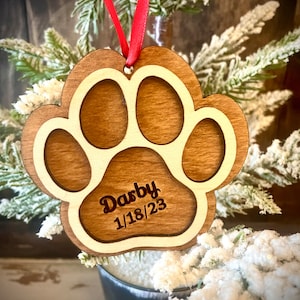 Dog paw 2 layer ornament available plain or personalized laser cut wood Christmas ornament, gift tag available unfinished or stained