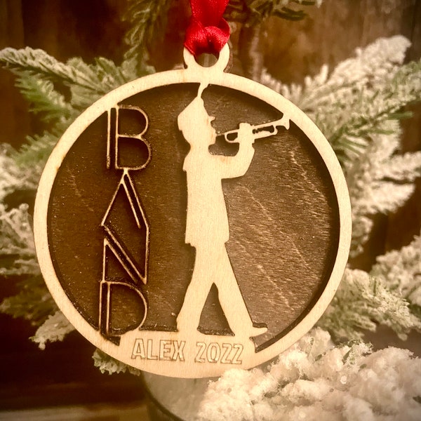 Marching band trumpet player 2-layer personalized laser cut wood Christmas ornament, gift tag available unfinished or stained ver. 13 of 18