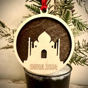 Taj Mahal India 2-layer personalized laser cut wood Christmas ornament, gift tag available in 12 finishes.