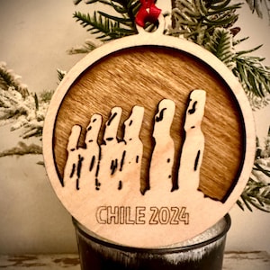 Easter Island Moai statues Chile 2-layer personalized laser cut wood Christmas ornament, gift tag available in 12 finishes.