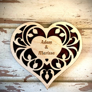 Romantic couple heart magnet personalized with names 2-layer laser cut wood magnet available unfinished or 11 other finish choices