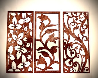 Eclectic floral and leaf wall art, 3 panel set, available in multiple finishes