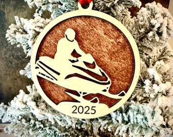 Snowmobile snowmobiler snow sled 2-layer personalized laser cut wood Christmas ornament, gift tag available unfinished or stained.