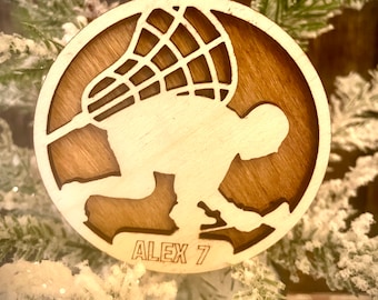Lacrosse player 2-layer personalized laser cut wood Christmas ornament, gift tag available unfinished or stained (version 13 of 16)
