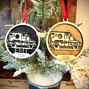 Ambulance EMT Paramedic First Responder 2 layer personalized laser cut wood Christmas ornament, gift tag available in 12 finishes.