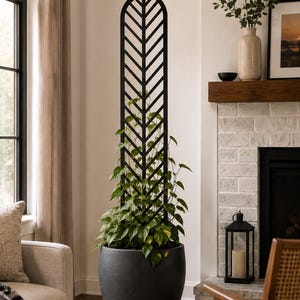 May include: A tall, black, arched plant trellis with a chevron pattern, supporting a green pothos plant in a large, round, dark gray planter. The trellis features a vertical frame with angled slats that create a repeating V-shaped design.