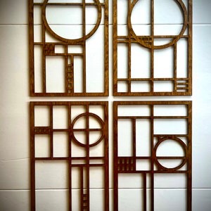 Boho Modern Frank Lloyd Wright-inspired Art Deco Geometry wood wall art, 4 panel in multiple sizes and finishes-K